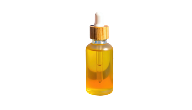 Golden liquid in clear glass bottle with dropper, against a black background in a studio shot