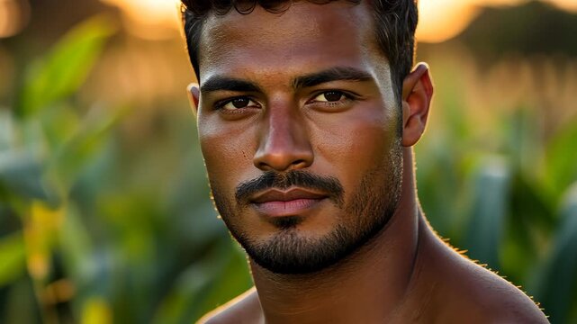 Confident Portrait of Man: A captivating close-up portrait of a man with a composed expression, exuding a sense of self-assurance and charisma against a backdrop of natural foliage.