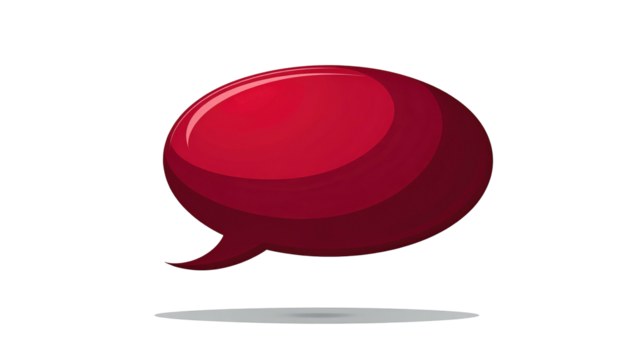 A shiny, dark red speech bubble with a shadow against a black background conveys a message silently