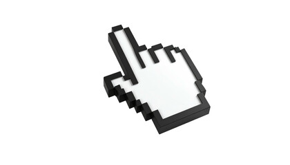 Pixelated white hand cursor with black outline pointing upwards against a solid black background