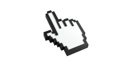 Pixelated white hand cursor with black outline pointing upwards against a solid black background