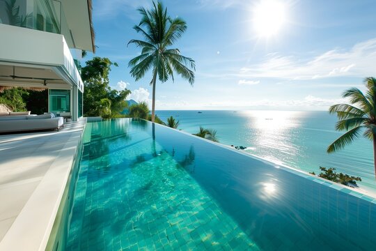 Modern White Luxury Villa with Infinity Pool Overlooking Tropical Ocean