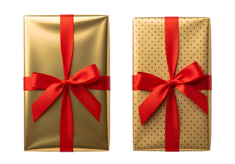 Stunning gold gift boxes with vibrant red bows, perfect for celebrations and luxury gifting occasions.