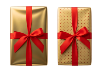 Stunning gold gift boxes with vibrant red bows, perfect for celebrations and luxury gifting occasions.
