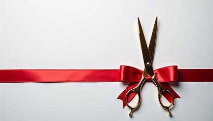 Golden scissors cutting red ribbon, minimal style, white background, grand opening ceremony concept with space to copy