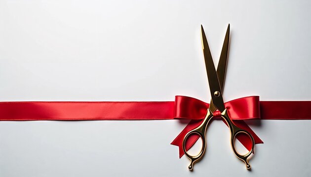Golden scissors cutting red ribbon, minimal style, white background, grand opening ceremony concept with space to copy