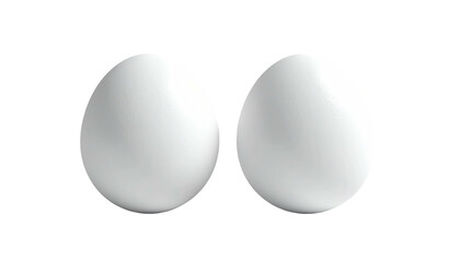 Two smooth, white eggs sit side-by-side on a stark black background with soft shadows and subtle light highlights