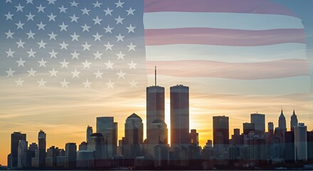 City Skyline with American Flag Overlay at Sunset in New York