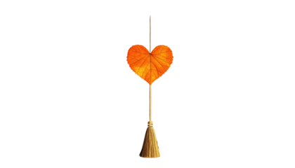 Heart-shaped autumn leaf atop a tassel on a black background, lit to highlight details