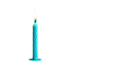A slender, light blue candle, lit against a stark black backdrop. Spiral details adorn the candle's form
