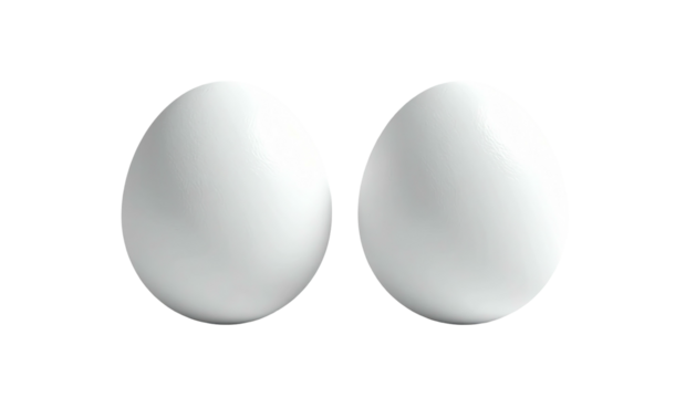 Two smooth, white eggs sit side-by-side on a stark black background with soft shadows and subtle light highlights