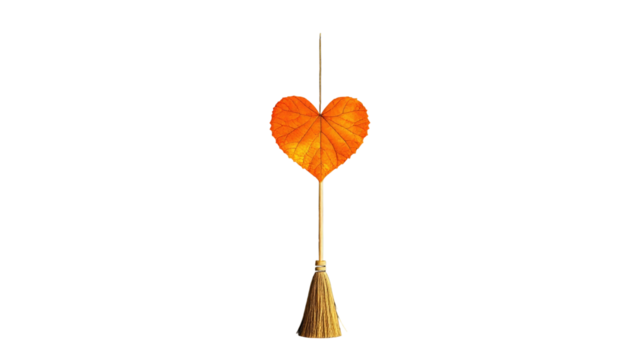 Heart-shaped autumn leaf atop a tassel on a black background, lit to highlight details