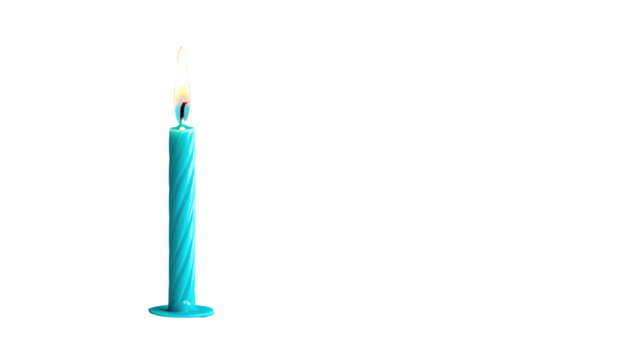 A slender, light blue candle, lit against a stark black backdrop. Spiral details adorn the candle's form