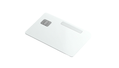 Blank white credit card with silver chip and signature strip on black backdrop with shadow for financial transactions