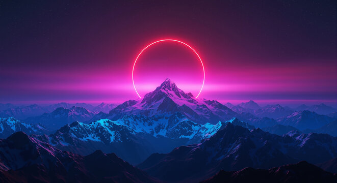 Retrowave neon circle over a futuristic mountain landscape background.