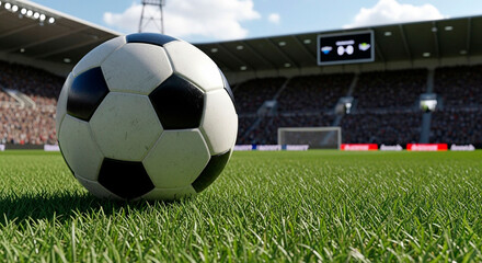 Close-up Perspective of a Soccer Ball on a Stadium Field in Daylight