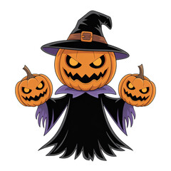 Cartoon Pumpkin Witch Holding Small Pumpkins on Transparent Background for Halloween Celebrations