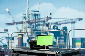 Green screen tablet on offshore platform deck used to coordinate operation logistics. Mockup device on drilling rig ship used to document safety inspections and hazard reports