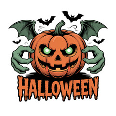 Spooky Halloween Pumpkin with Zombie Hands and Bats on Transparent Background Illustration