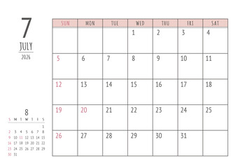 2026年 7月 シンプル書き込みカレンダー