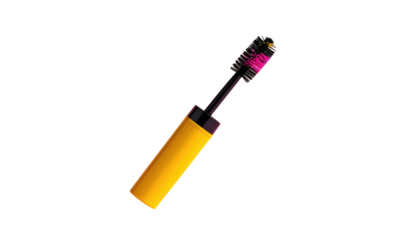 An eye makeup brush with bright yellow handle and pink/black bristles isolated against a black background