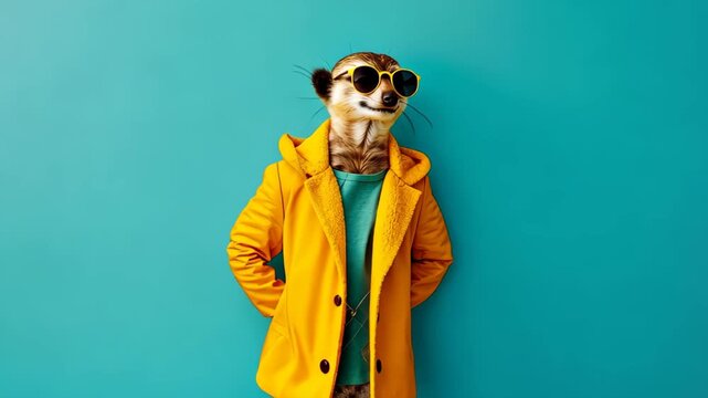 Chic Meerkat: A stylish meerkat sporting sunglasses and a yellow coat against a teal background, radiating cool confidence.