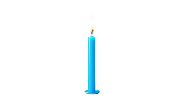 Light-blue candle burning with a bright flame, isolated against a solid black background