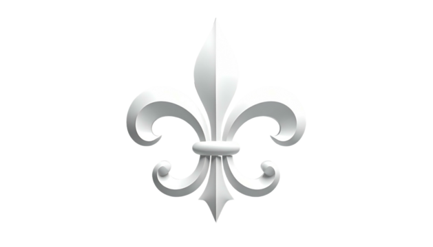 A stylized fleur-de-lis emblem in white with shadowing, centered on a black background - Powered by Adobe