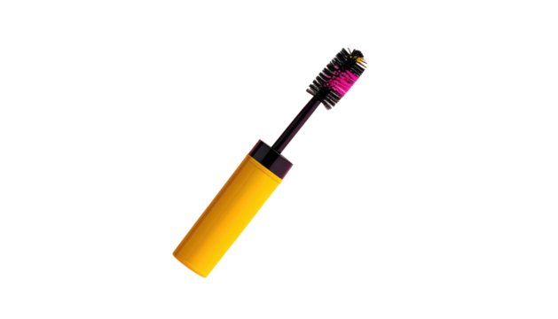 An eye makeup brush with bright yellow handle and pink/black bristles isolated against a black background - Powered by Adobe