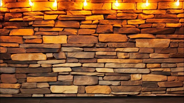 Rustic Stone Wall with Light: A detailed, textured stone wall illuminated by warm, glowing lights, evoking a sense of timeless elegance and cozy atmosphere.