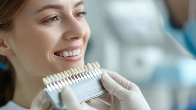 A young Caucasian woman with long brown hair smiles while a dental professional holds a color shade guide for teeth in a dental clinic.