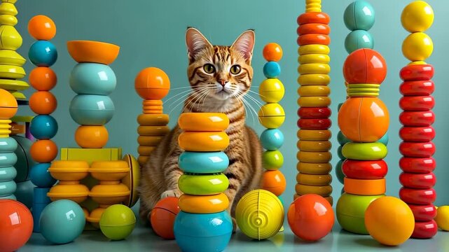 Curious Cat amidst Playful Structures: A charming bengal cat sits amidst a vibrant array of colorful toy shapes, creating a captivating scene of feline curiosity and playful arrangement.