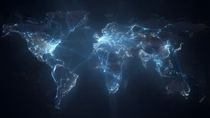 A digital representation of the world map illuminates global connections, showing networks and points of light across continents on a dark, atmospheric backdrop.