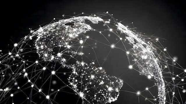 A monochromatic digital rende shows Earth surrounded by glowing nodes and connecting lines, symbolizing a vast global network of data and communication systems.