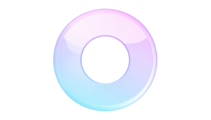Round, glossy shape. Gradient of pastel pink, purple, and blue. Hollow center creates a doughnut-like or ring form