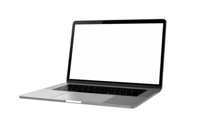 Sleek, silver laptop with a blank white screen angled against a solid black background