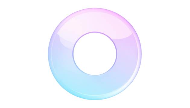 Round, glossy shape. Gradient of pastel pink, purple, and blue. Hollow center creates a doughnut-like or ring form