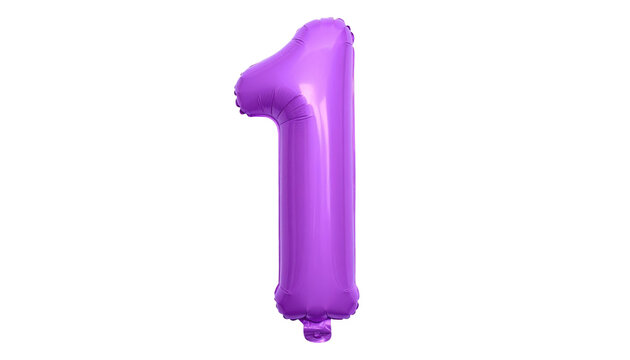 Shiny, metallic, purple balloon shaped like the number one floating against a black background