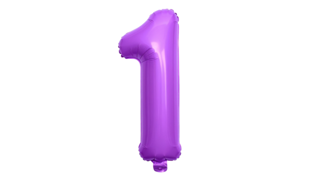 Shiny, metallic, purple balloon shaped like the number one floating against a black background