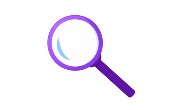 Cartoon magnifying glass, purple frame, white lens with a light blue reflection on a dark background