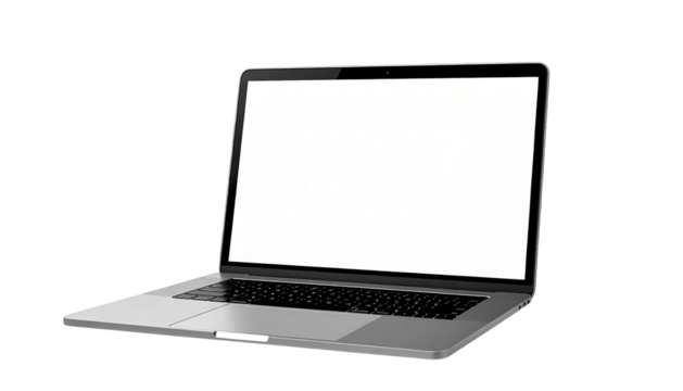 Sleek, silver laptop with a blank white screen angled against a solid black background