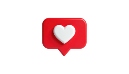 3D render Red notification bubble with white heart. Dark background enhances the glossy, dimensional look