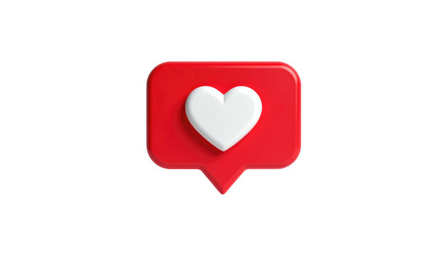 3D render Red notification bubble with white heart. Dark background enhances the glossy, dimensional look