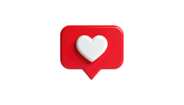 3D render Red notification bubble with white heart. Dark background enhances the glossy, dimensional look