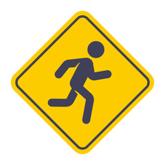Yellow road sign running man black icon. Flat illustration.