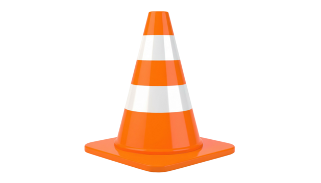 Isolated vibrant orange traffic cone with white stripes on a solid black background, rendered in 3D