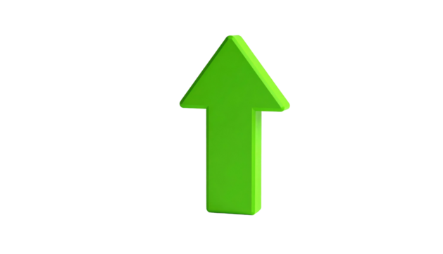 3D rendering of a green arrow pointing straight up isolated on black