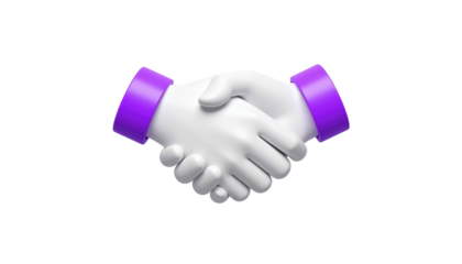 Glossy white 3D handshake with purple cuffs against a black background, implying agreement or partnership