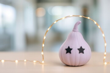 Gourd Decorated with Black Stars on Table Beneath String Lights in a Softly Lit Indoor Setting with Shallow Depth of Field