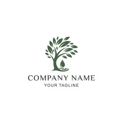 Elegant tree logo with a single falling drop of oil or water.